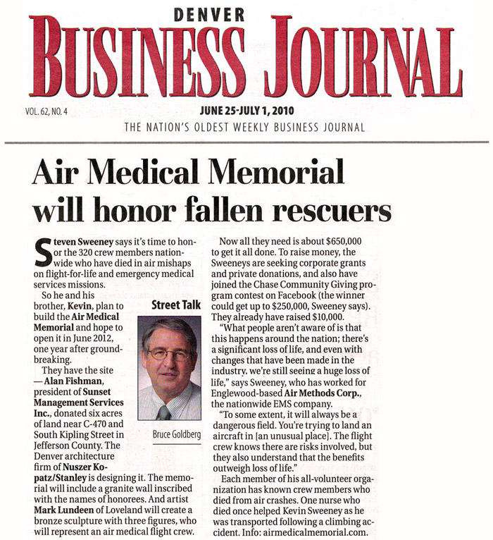 Denver Business Journal artcile: Air Medical Memorial will honor fallen rescuers